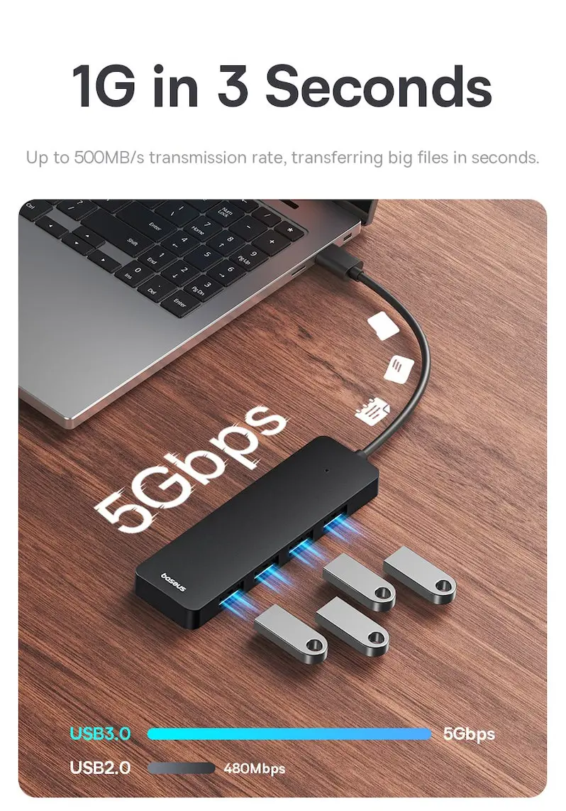 Хаб USB Baseus UltraJoy Series 4-Port HUB Lite 50cm (USBA to USB3.0*4) Black B0005280B111-02), зображення 7