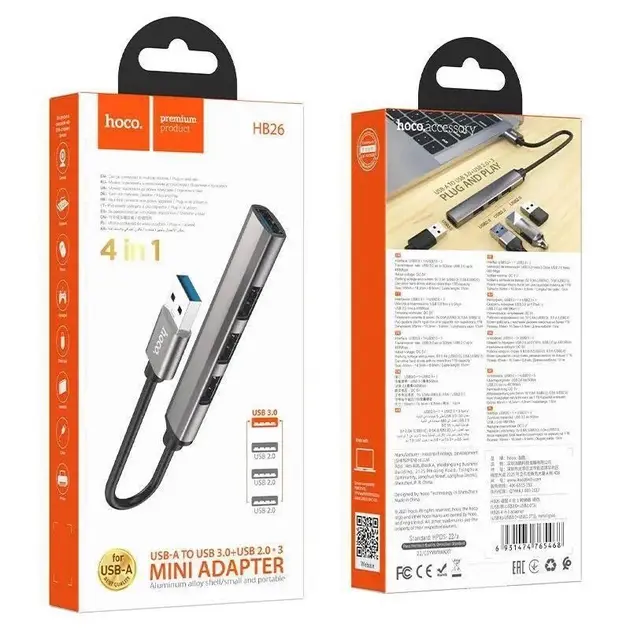 USB хаб Hoco HB26 4USB (1USB3.0+3USB2.0) Сірий), зображення 2