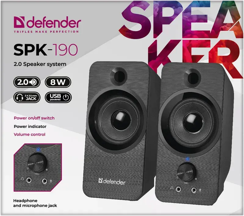 Колонки DEFENDER 2.0 SPK-190 8 Вт, живлення від USB чорний), зображення 4 Колонки DEFENDER 2.0 SPK-190 8 Вт, живлення від USB чорний), зображення 4