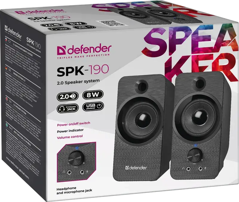 Колонки DEFENDER 2.0 SPK-190 8 Вт, живлення від USB чорний), зображення 5 Колонки DEFENDER 2.0 SPK-190 8 Вт, живлення від USB чорний), зображення 5