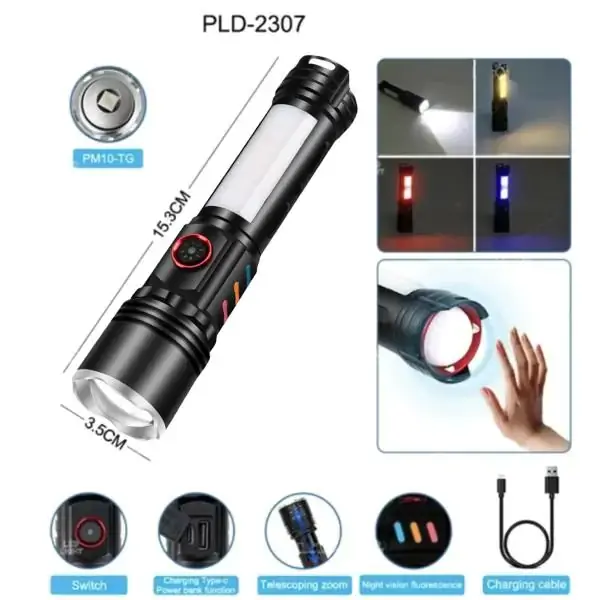 Ліхтарик ручний  PLD-2307-TG+SMD zoom Power Bank кабель Type-C), зображення 2