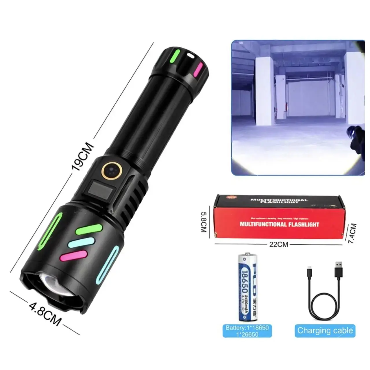 Ліхтарик ручний 1143-PM10-TG zoom, LCD дісплей, Type-C, PowerBank, акумулятор 18650, 5 режимів), зображення 8