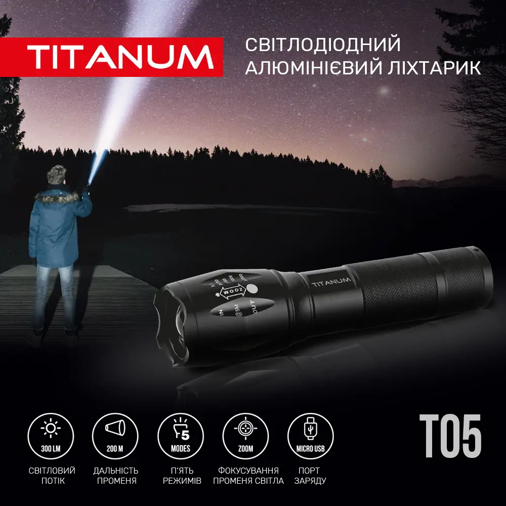 Ліхтарик ручний TITANUM TLF-T05 300Lm 6500K micro USB), зображення 3 Ліхтарик ручний TITANUM TLF-T05 300Lm 6500K micro USB), зображення 3