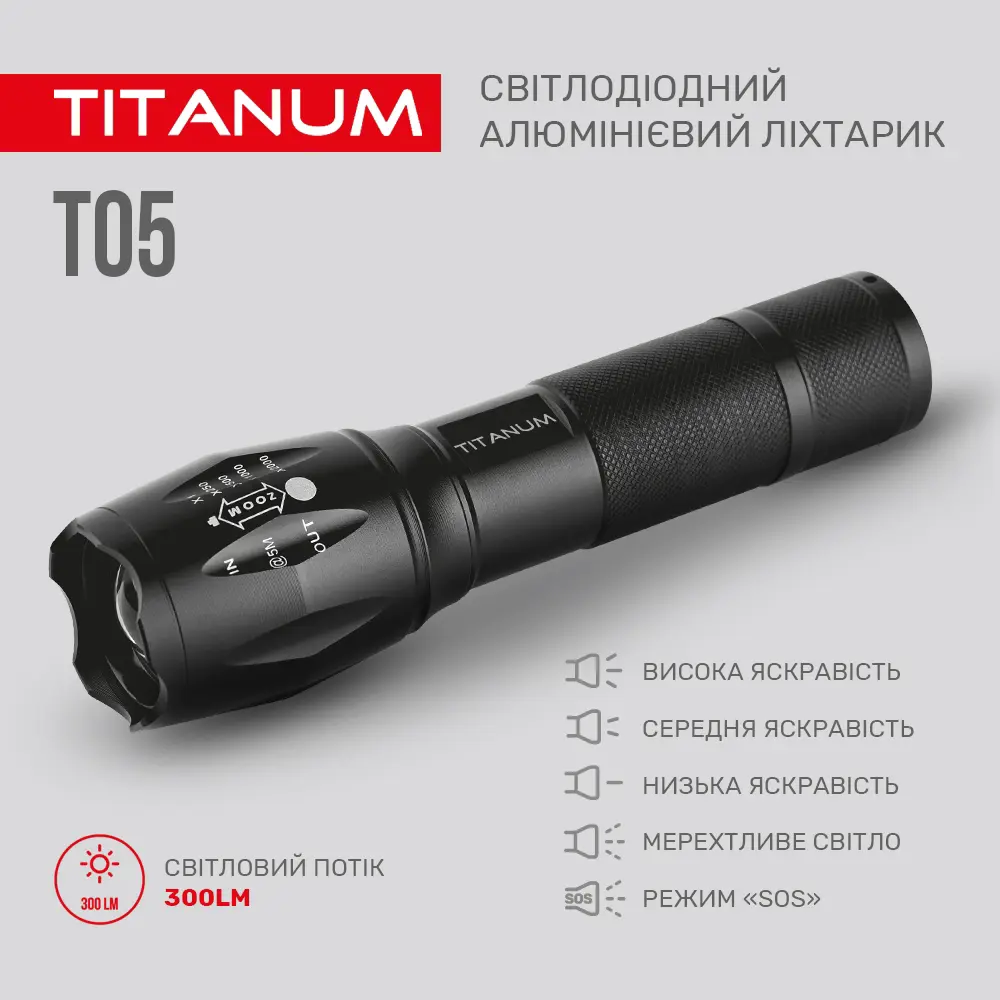Ліхтарик ручний TITANUM TLF-T05 300Lm 6500K micro USB), зображення 4 Ліхтарик ручний TITANUM TLF-T05 300Lm 6500K micro USB), зображення 4