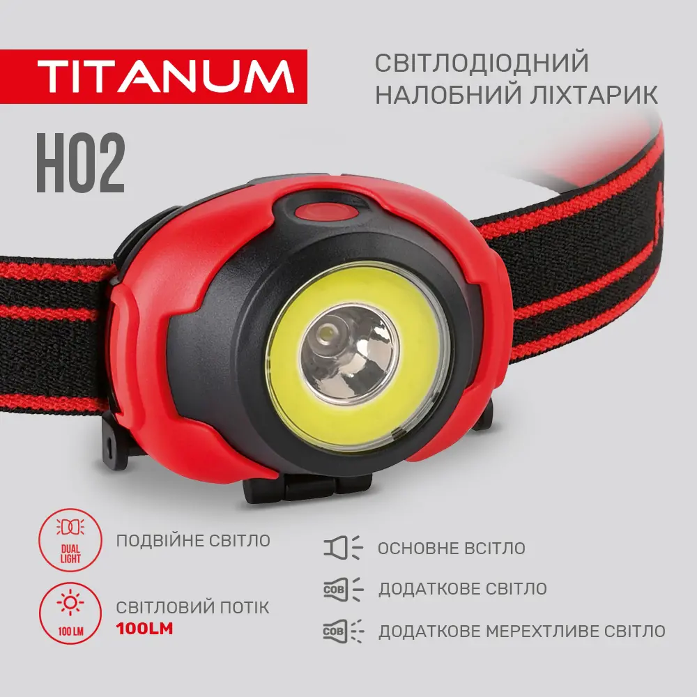 Ліхтарик налобний TITANUM TLF-H02 XPE+COB, 3 режими, 100Lm, 3*ААА), зображення 5
