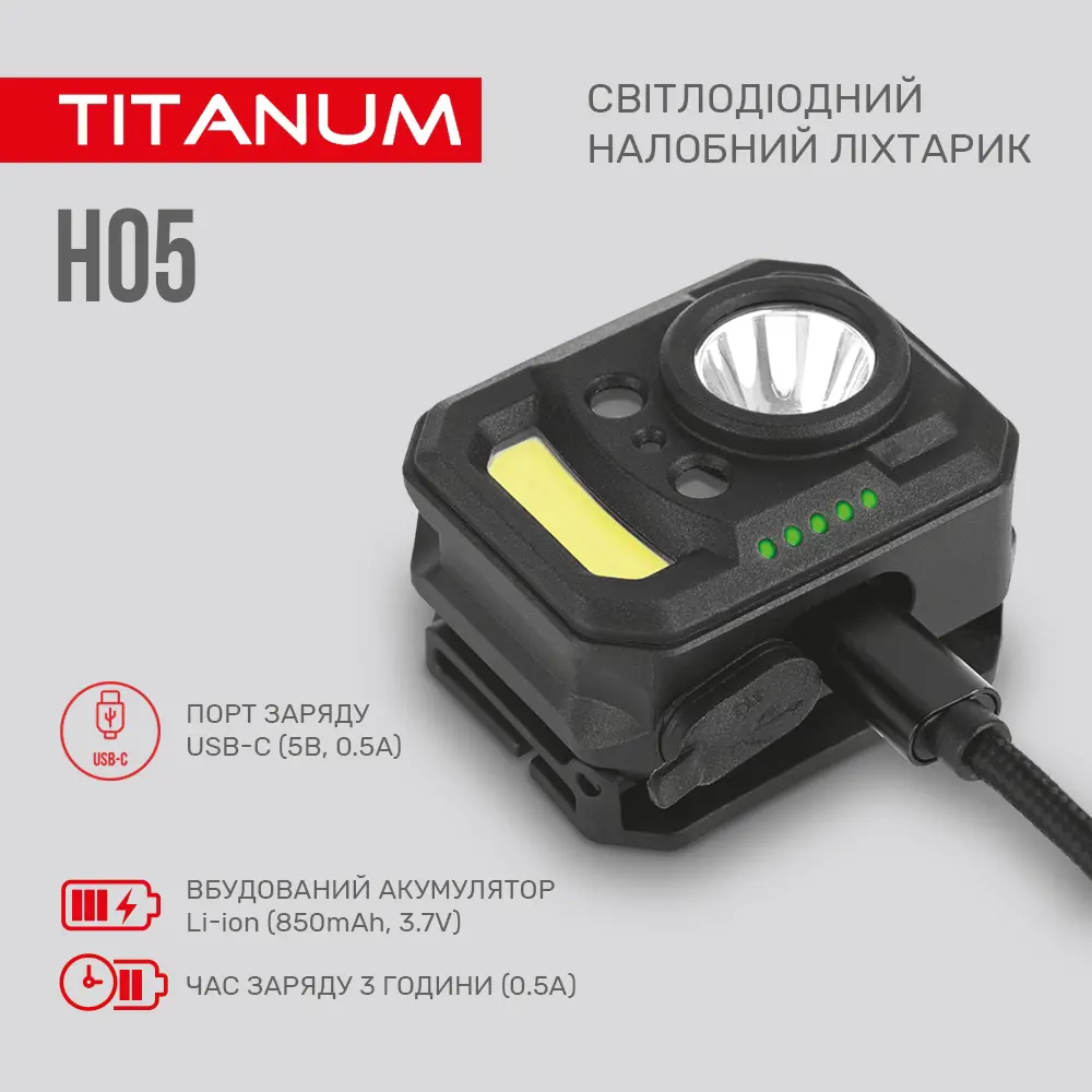 Ліхтарик налобний TITANUM TLF-H05 XPE+COB, 5режимів, 250Lm, USB-C), зображення 7