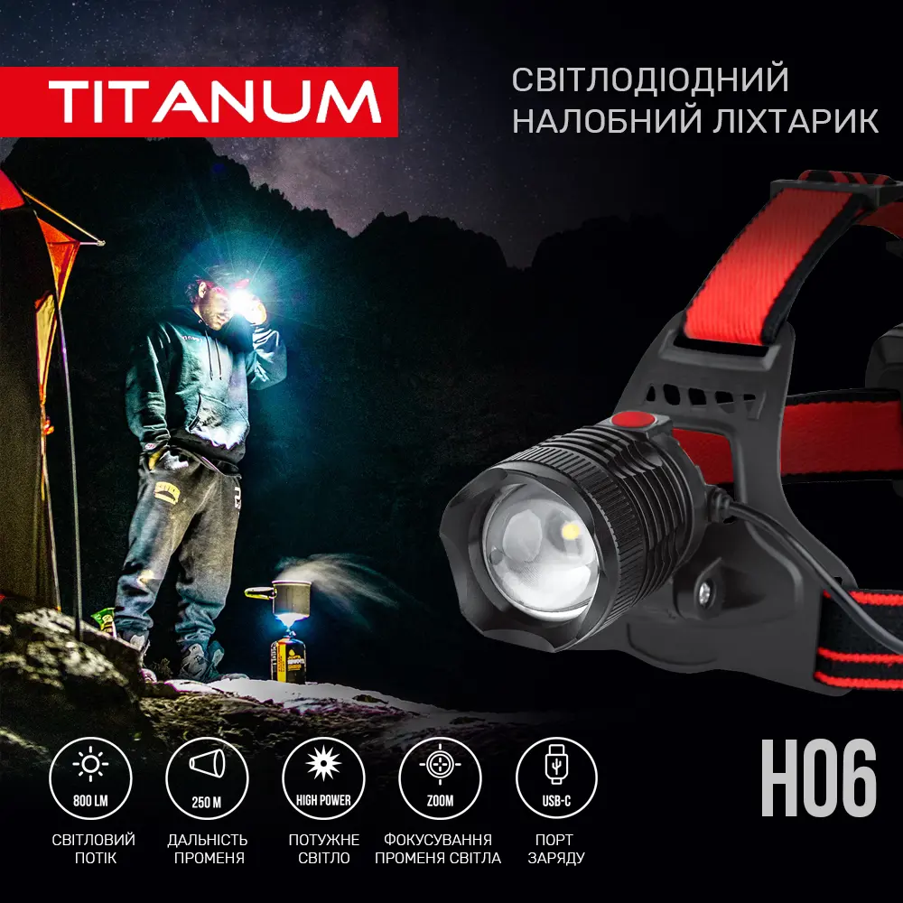 Ліхтарик налобний TITANUM TLF-H06 P50, 3 режими, 800Lm, type-c, 2*18650), зображення 4