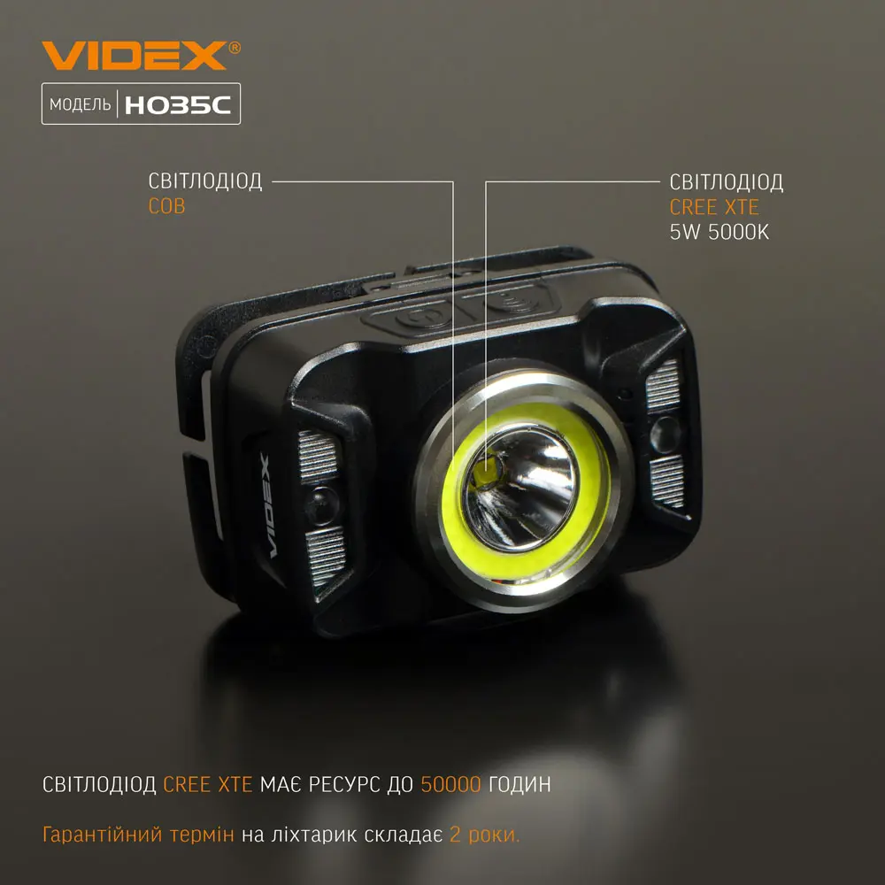Ліхтарик налобний VIDEX VLF-H035C CREE XTE 5W+COB, 3 режими, 410Lm, Li-pol 1800mAh, type-c), зображення 4 Ліхтарик налобний VIDEX VLF-H035C CREE XTE 5W+COB, 3 режими, 410Lm, Li-pol 1800mAh, type-c), зображення 4