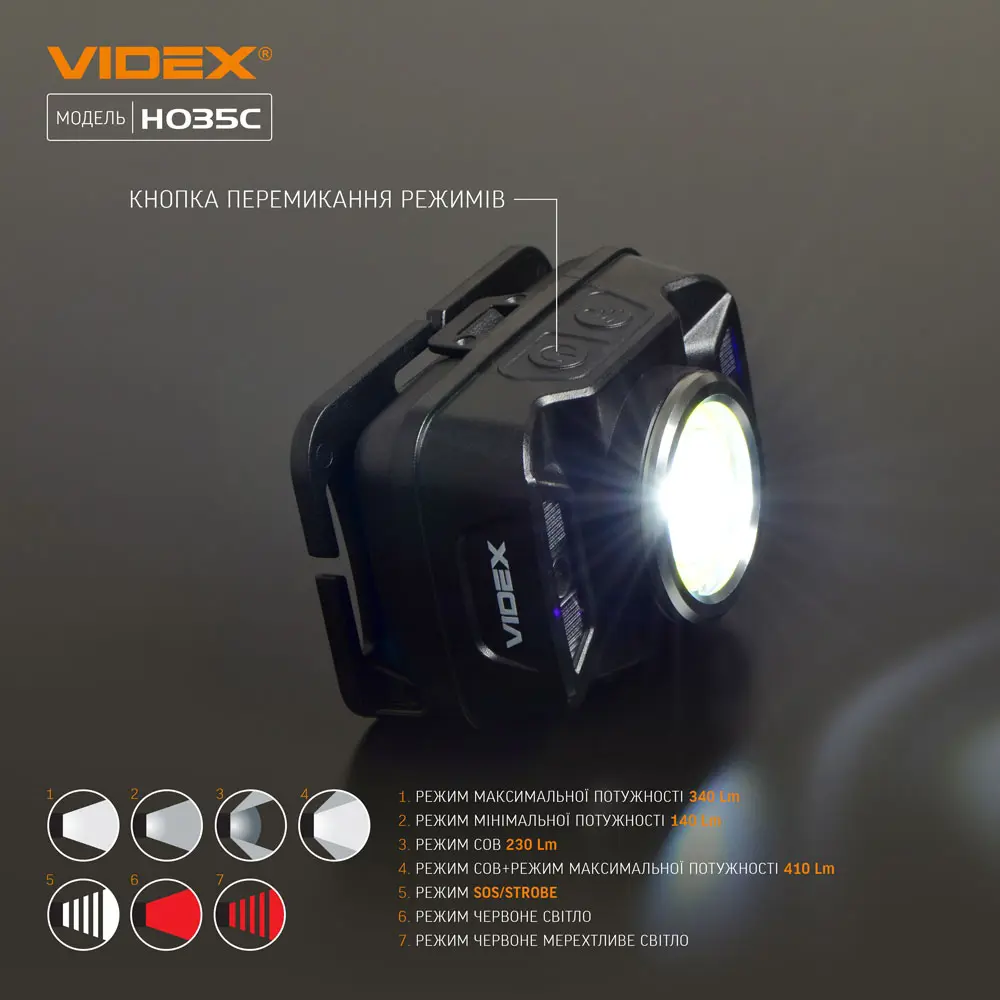 Ліхтарик налобний VIDEX VLF-H035C CREE XTE 5W+COB, 3 режими, 410Lm, Li-pol 1800mAh, type-c), зображення 7 Ліхтарик налобний VIDEX VLF-H035C CREE XTE 5W+COB, 3 режими, 410Lm, Li-pol 1800mAh, type-c), зображення 7
