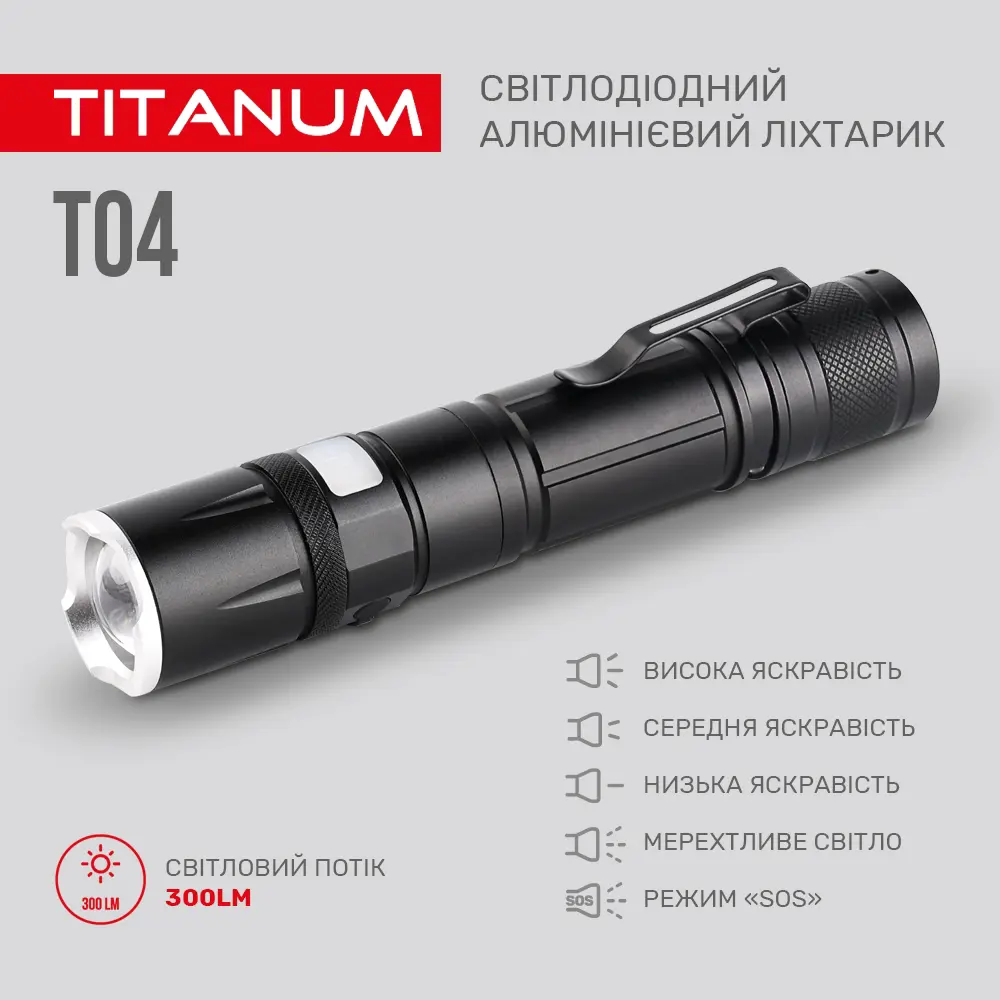 Ліхтарик ручний TITANUM TLF-T04 300Lm 6500K micro USB 18650), зображення 5 Ліхтарик ручний TITANUM TLF-T04 300Lm 6500K micro USB 18650), зображення 5