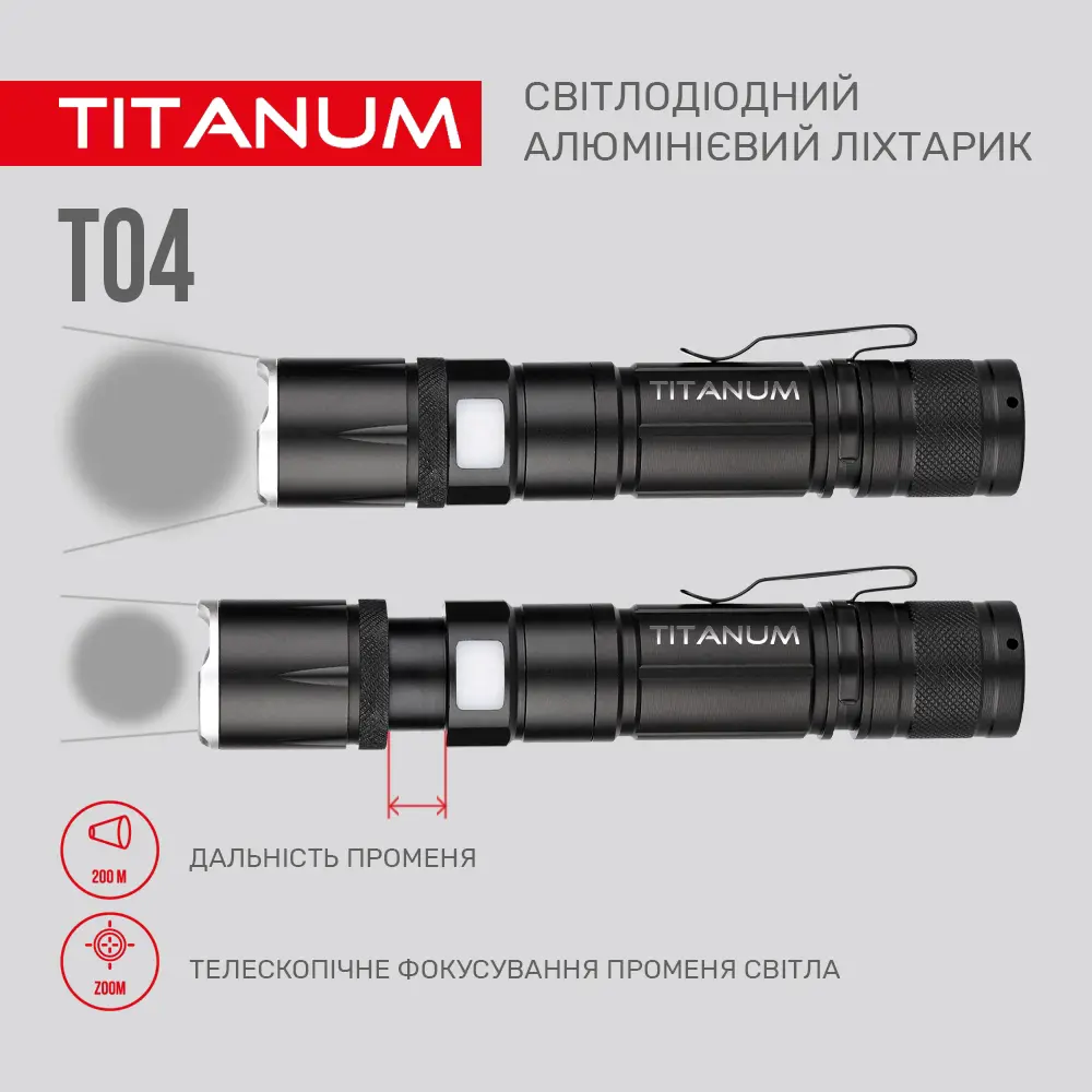 Ліхтарик ручний TITANUM TLF-T04 300Lm 6500K micro USB 18650), зображення 7 Ліхтарик ручний TITANUM TLF-T04 300Lm 6500K micro USB 18650), зображення 7