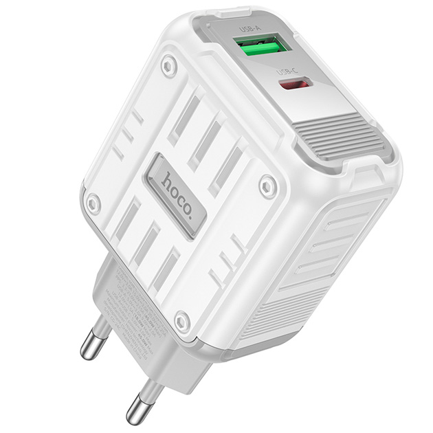 Зарядне HOCO C136A USB-A, USB-C 3А PD45W QC3.0 біле (вихідна потужність Type-C: 45 Вт (PD/QC/FCP/AFC), USB-A: 18 Вт (QC/FCP/AFC); Type-C+USB-A: 5 В/3 A, матеріали PC + ABS, розміри 90,6*50,3*32,5 мм) від батарейки.com.ua