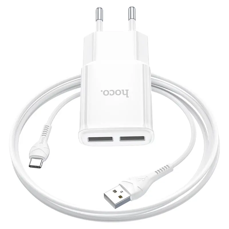 Мережеве зарядне HOCO C88A 2USB 2,4A кабель Type-C White), зображення 4 Мережеве зарядне HOCO C88A 2USB 2,4A кабель Type-C White), зображення 4