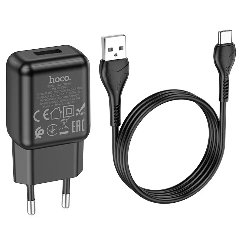 Мережеве зарядне HOCO N2 1USB 2,4A Black кабель Type-C), зображення 4