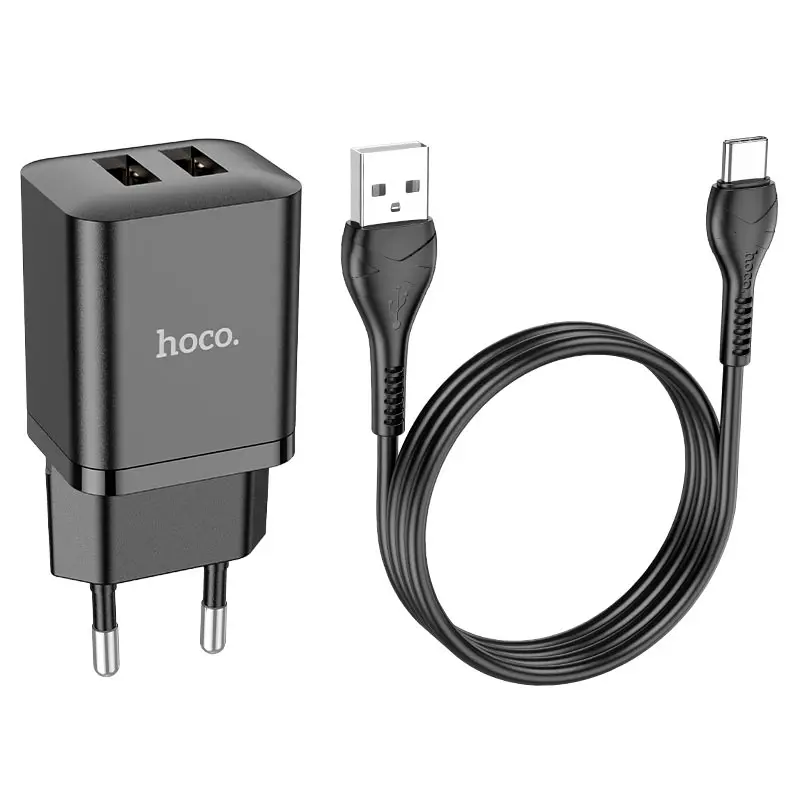 Мережеве зарядне HOCO N25 2USB 2,1A Black кабель Type-C), зображення 4 Мережеве зарядне HOCO N25 2USB 2,1A Black кабель Type-C), зображення 4