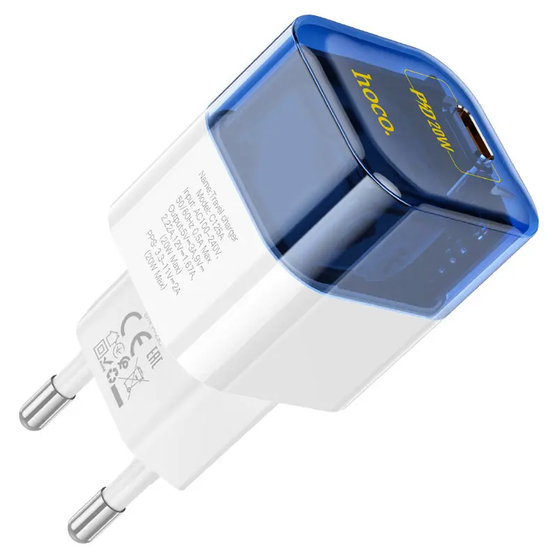 Зарядне Hoco C125A Type-C 3A PD20W QC Blue/White (підтримка швидкої зарядки PD20W / PPS / QC3.0 / FCP / AFC, Type-C – 5V / 3A, 9V / 2.22A, 12V / 1.67A – 20W max. PPS: 3.3 – 11V / 2A – 20W, розмір 73 × 30 × 34мм) від батарейки.com.ua