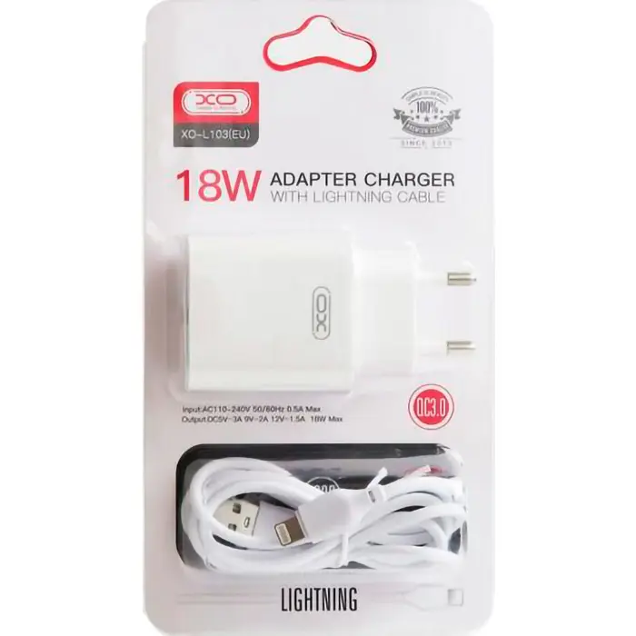 Мережеве зарядне XO L103 USB 3A QC3.0 18W кабель lightning white), зображення 3 Мережеве зарядне XO L103 USB 3A QC3.0 18W кабель lightning white), зображення 3