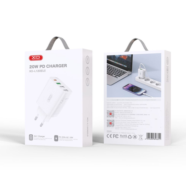 Мережеве зарядне XO L120 3USB USB-C 3A PD20W QC3.0 white), зображення 3 Мережеве зарядне XO L120 3USB USB-C 3A PD20W QC3.0 white), зображення 3