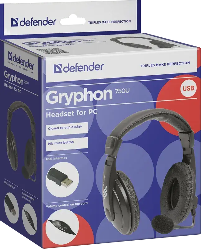 Навушники DEFENDER Gryphon HN-750U USB, чорний, 1.8м кабель), зображення 5