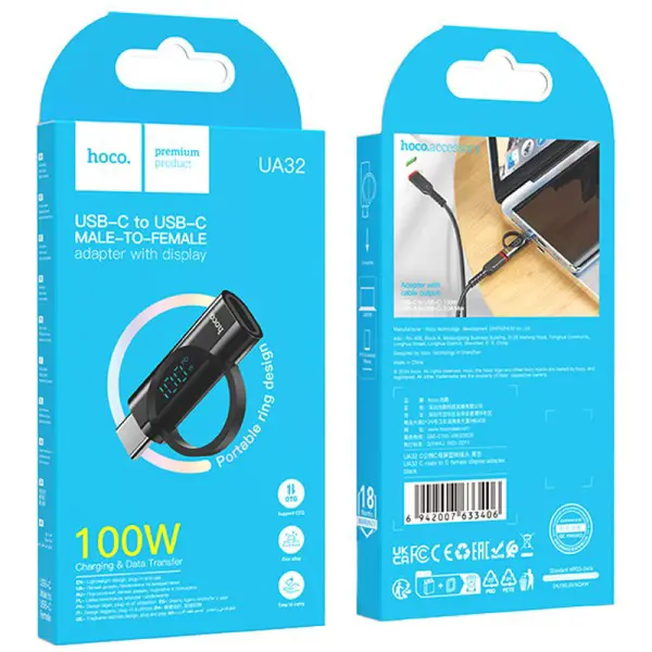 Перехідник HOCO UA32 TYPE-C AM >TYPE-C AF 100W Black), зображення 3 Перехідник HOCO UA32 TYPE-C AM >TYPE-C AF 100W Black), зображення 3