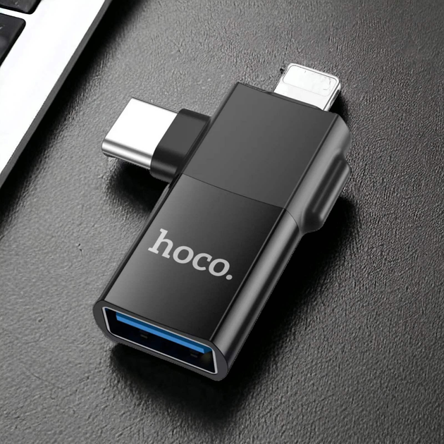 Перехідник OTG HOCO UA17 USB - Lightning + Type-C), зображення 2 Перехідник OTG HOCO UA17 USB - Lightning + Type-C), зображення 2
