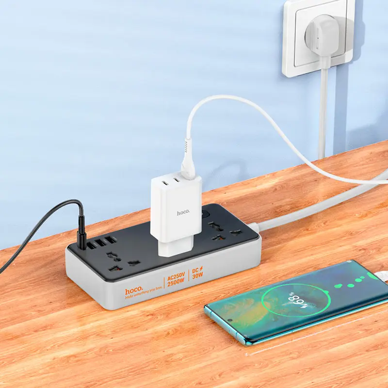 Подовжувач мережевий HOCO AC8A 3 USB 3 розетки Type C PD30W 1C3A чорний), зображення 4 Подовжувач мережевий HOCO AC8A 3 USB 3 розетки Type C PD30W 1C3A чорний), зображення 4