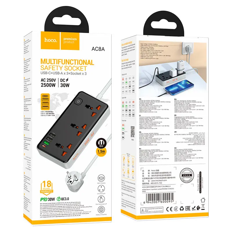 Подовжувач мережевий HOCO AC8A 3 USB 3 розетки Type C PD30W 1C3A чорний), зображення 5 Подовжувач мережевий HOCO AC8A 3 USB 3 розетки Type C PD30W 1C3A чорний), зображення 5