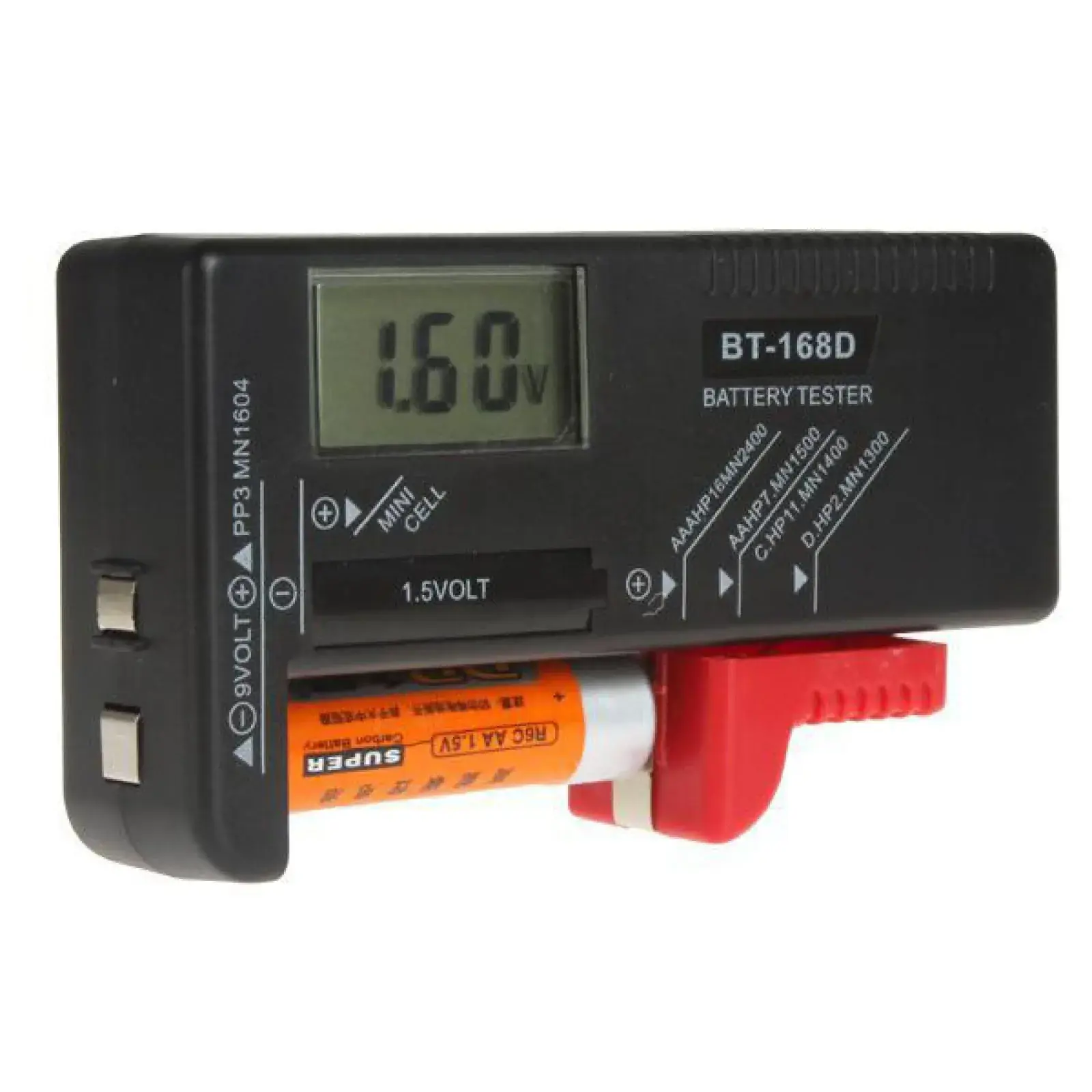 Тестер BT-168D елементів живлення цифровий (для Ni-Cd и Ni-Mh аккумуляторів, сольових та лужних (Alkaline) батарейокк типорозмірів АА, ААА, Крона, C (R14), D (R20), рухливий контакт) від батарейки.com.ua