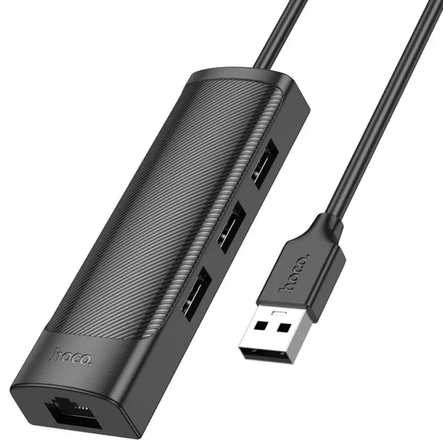 USB хаб HOCO HB42 Gigabit Ethernet Adapter (USB to USB3.0*3+RJ45) 1.2м Black), зображення 2