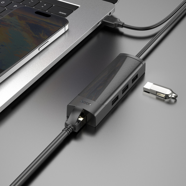 USB хаб HOCO HB42 Gigabit Ethernet Adapter (USB to USB3.0*3+RJ45) 1.2м Black), зображення 10