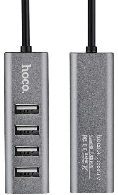USB хаб Hoco HB1 Line Machine 4USB (metal), кабель 0,8m Сірий), зображення 4
