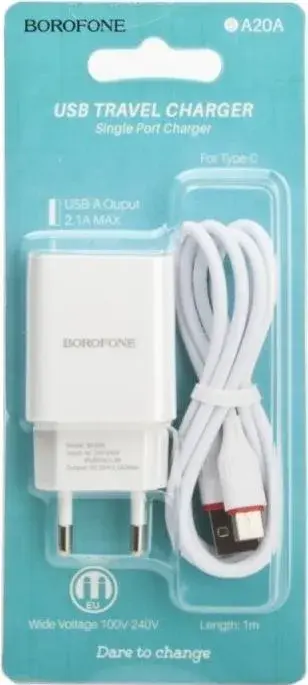 Зарядне BOROFONE BA20A 1USB 2.1A кабель Type-C white), зображення 5