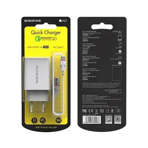 Зарядне BOROFONE BA21A 1USB 3A  QC3.0 18W кабель Type-C white), зображення 3