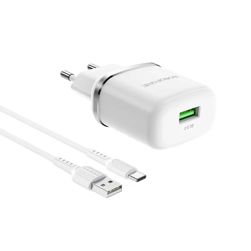 Зарядне BOROFONE BA36A 1USB QC3.0 3A білий + кабельType-C від батарейки.com.ua