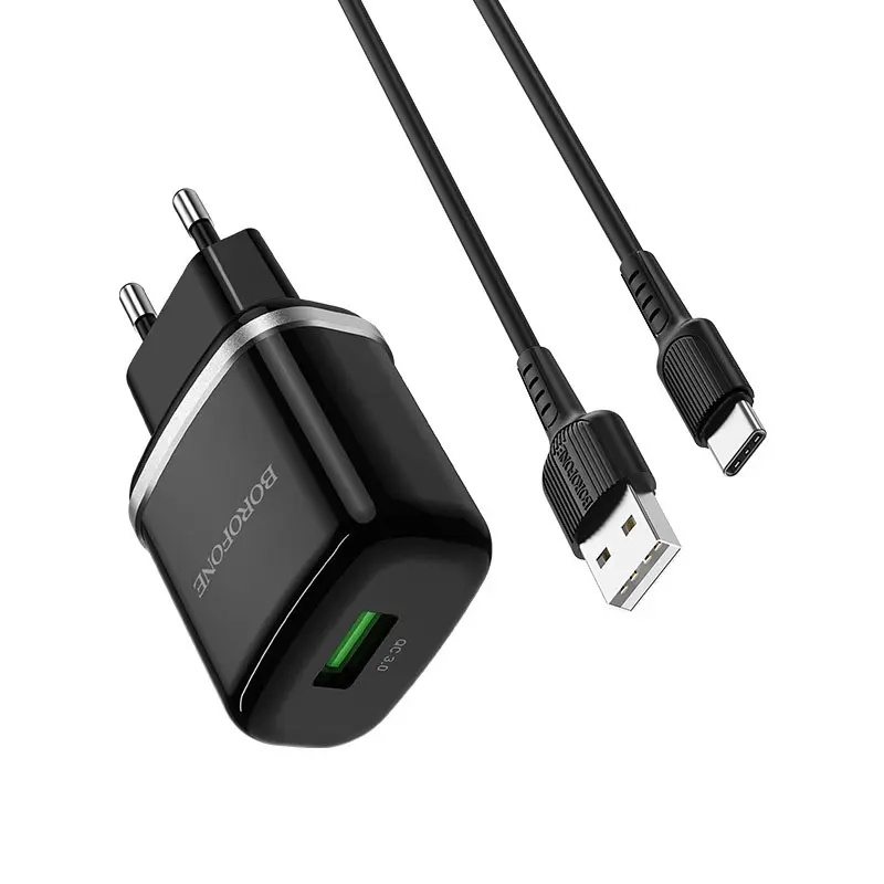 Зарядне BOROFONE BA36A 1USB 3A QC3.0 black + кабельType-C від батарейки.com.ua