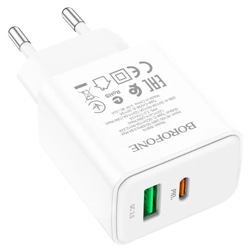 Мережеве Зарядне BOROFONE BA67A PD20W QC3.0 білий), зображення 5