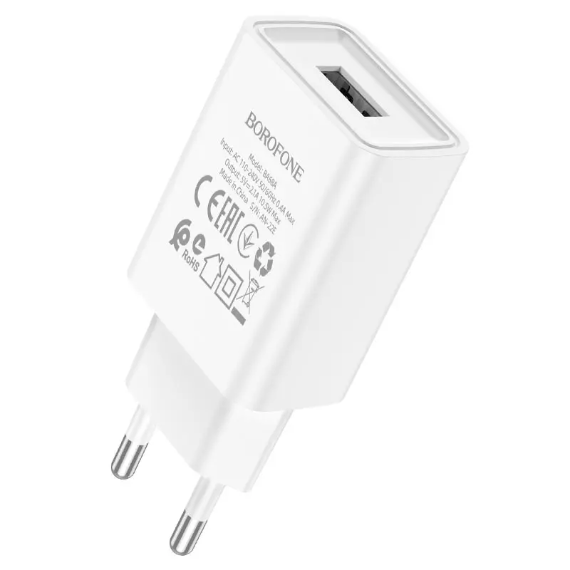 Мережеве Зарядне BOROFONE BA68A 1USB 2.1A білий, з кабелем Type-C), зображення 4 Мережеве Зарядне BOROFONE BA68A 1USB 2.1A білий, з кабелем Type-C), зображення 4