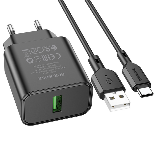 Зарядне BOROFONE BA72A 1USB 3A 18W QC3.0 + кабель Type-C чорний від батарейки.com.ua