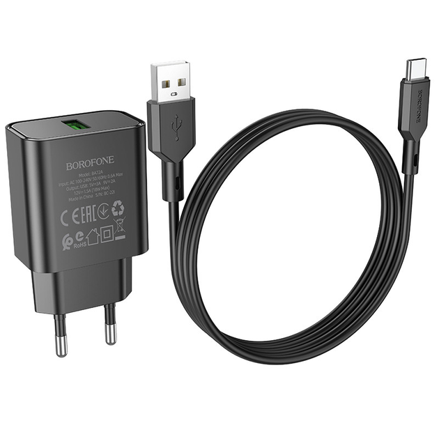 Зарядне BOROFONE BA72A 1USB 3A 18W QC3.0 + кабель Type-C чорний), зображення 4