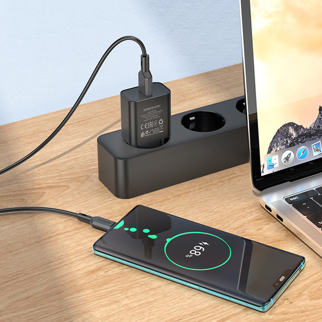 Зарядне BOROFONE BA72A 1USB 3A 18W QC3.0 + кабель Type-C чорний), зображення 5