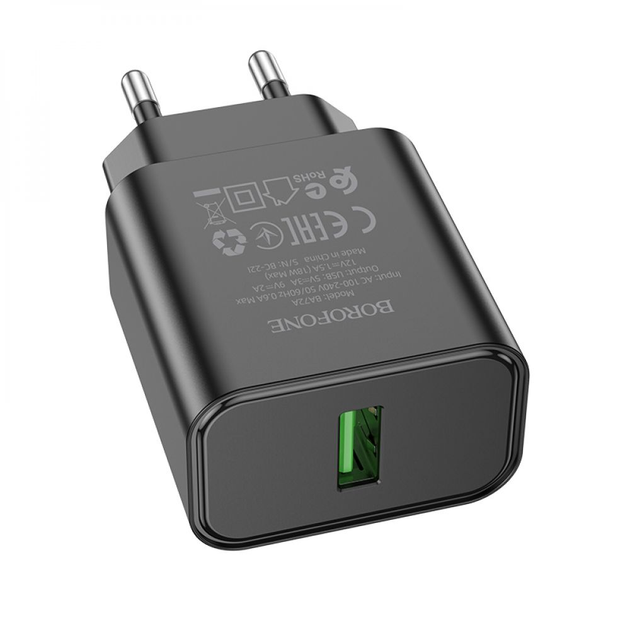 Мережеве зарядне BOROFONE BA72A 1USB 3A QC3.0 18W кабель micro usb чорний), зображення 3 Мережеве зарядне BOROFONE BA72A 1USB 3A QC3.0 18W кабель micro usb чорний), зображення 3
