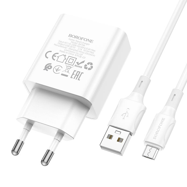 Зарядне BOROFONE BA74A 1USB 2.1A micro USB білий), зображення 7 Зарядне BOROFONE BA74A 1USB 2.1A micro USB білий), зображення 7