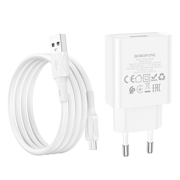 Зарядне BOROFONE BA74A 1USB 2.1A micro USB білий), зображення 8 Зарядне BOROFONE BA74A 1USB 2.1A micro USB білий), зображення 8