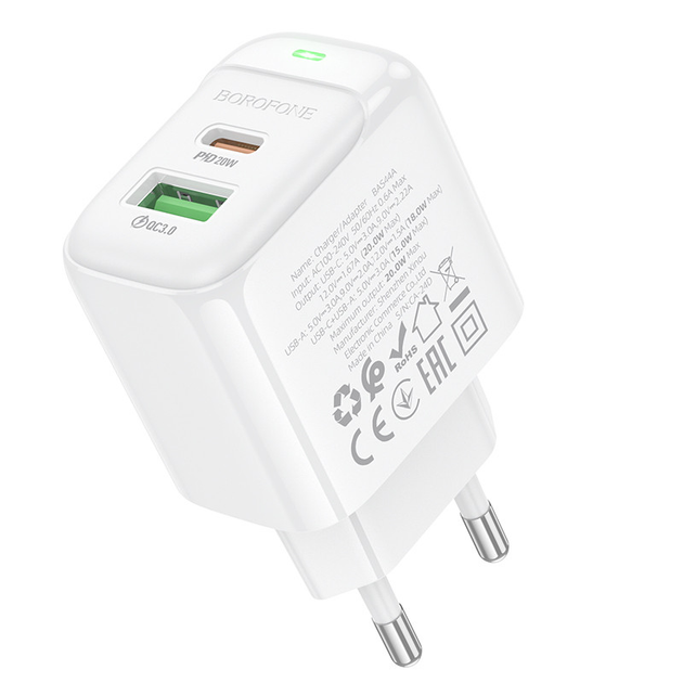 Зарядне BOROFONE BAS44A 1USB +1Type-C 3А PD20W QC3.0 білий), зображення 7 Зарядне BOROFONE BAS44A 1USB +1Type-C 3А PD20W QC3.0 білий), зображення 7