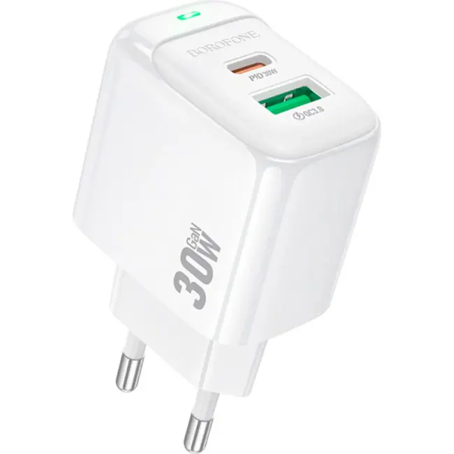 Зарядне BOROFONE BAS45A 1USB, 1Type-C PD30W QC3.0 білий від батарейки.com.ua