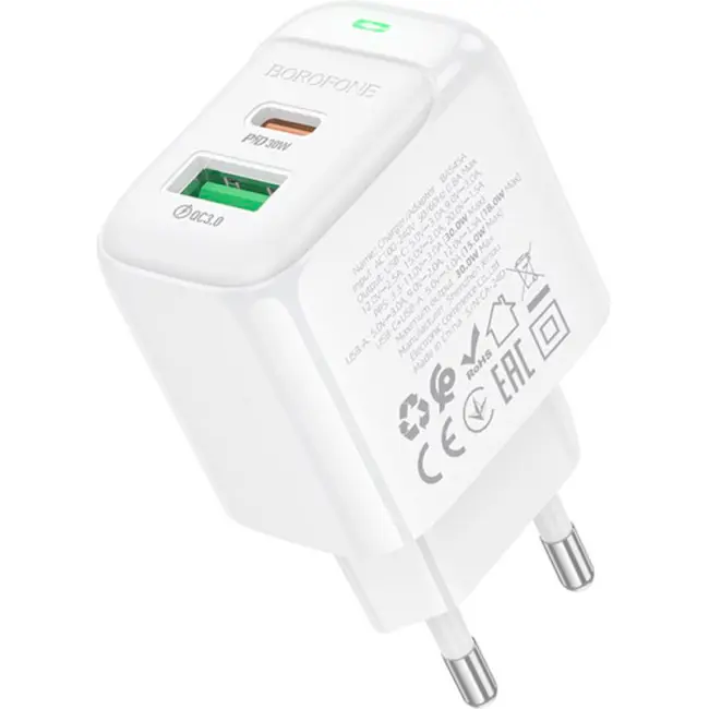 Зарядне BOROFONE BAS45A 1USB, 1Type-C PD30W QC3.0 білий ), зображення 5 Зарядне BOROFONE BAS45A 1USB, 1Type-C PD30W QC3.0 білий ), зображення 5