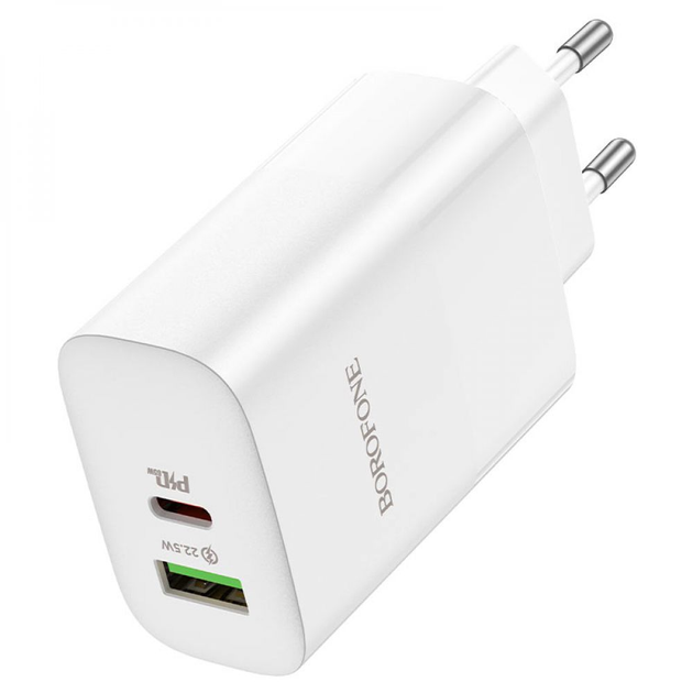 Зарядне BOROFONE BN10 USB-A/USB-C PD 65W dual port білий від батарейки.com.ua
