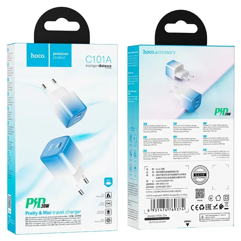 Мережеве Зарядне HOCO C101A Type C 3А PD20W QC3.0 Blue), зображення 5
