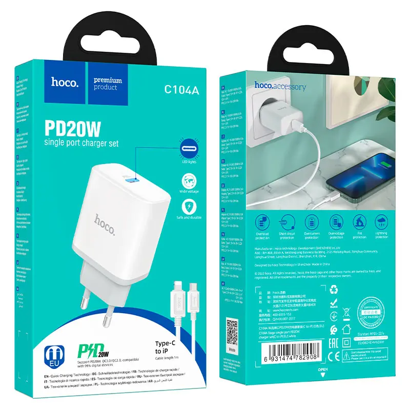 Мережеве Зарядне HOCO C104A Type-C 3A QC 3.0 PD20W кабель Type-C to lightning white), зображення 3 Мережеве Зарядне HOCO C104A Type-C 3A QC 3.0 PD20W кабель Type-C to lightning white), зображення 3