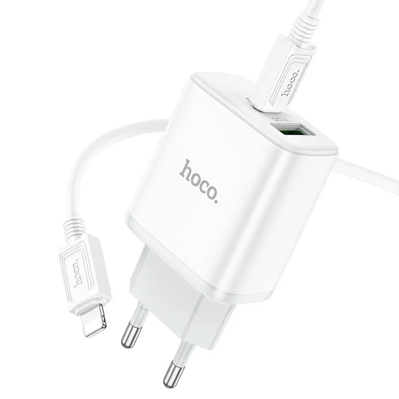 Мережеве Зарядне HOCO C105A 1Type-C, 1USB 3А QC3.0 PD20W кабель lightning white), зображення 2